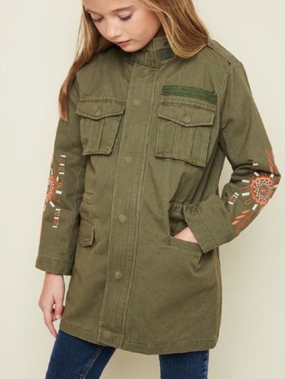NWT Hayden Girls Embroidered Cargo Utility Jacket Army Green Size S Age 7/8